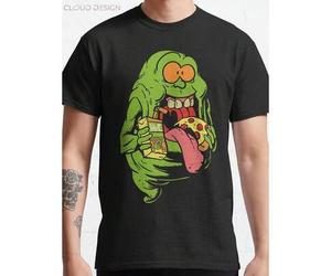 Ghostbusters 100% Baumwolle Rundhals T-Shirt mit verspielter Slimer & Pizza Grafik - Schwarzes lässiges Kurzarmshirt für Männer, normale Passform, mas