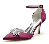 GHSIRUEU Damen Brautschuhe Geschlossene Zehen Knöchelriemen Spangenpumps Hochzeitsschuhe mit Strass,Burgundy,35 EU