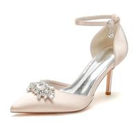 GHSIRUEU Damen Brautschuhe Geschlossene Zehen Knöchelriemen Spangenpumps Hochzeitsschuhe mit Strass,Champagne,42 EU