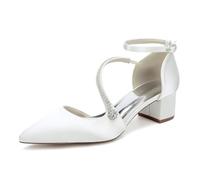 GHSIRUEU Elfenbein Hochzeitsschuhe Damen Strass Riemchen Klassisch Spitze Zehen Blockabsatz Brautschuhe,Elfenbein,39 EU