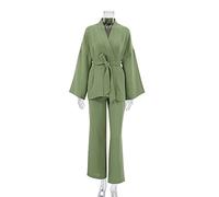 GHYUBYER Damen Schlafanzug Set 2-teilig Leinen Leichter Schlafanzug Bademäntel Lounge Sets Mit Offener Front Strickjacke Mit Gürtel Robe Set (Color : Light green, Size : L)