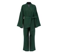 GHYUBYER Damen Schlafanzug Set 2-teilig Leinen Leichter Schlafanzug Bademäntel Lounge Sets Mit Offener Front Strickjacke Mit Gürtel Robe Set (Color : Dark green, Size : L)