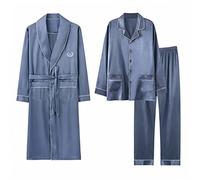 GHYUBYER Herren Satin Pyjama Lang 3 Stück Herren Satin Pyjama Set Seide Button-Down PJs Sets Soft Lounge Sets Klassische Seiden Schlafanzüge (Color : Light Blue, Size : L)