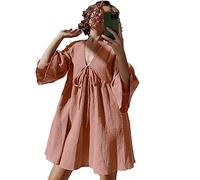 GHYUBYER Nachthemd Damen Kurzarm，Damen Nachthemd Leinen 100% Baumwolle Sleepshirts Kurzarm Schlafkleid Weiche Nachtwäsche Breite Riemen Pyjamas Schlafanzug (Color : Bruin, Size : M)