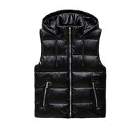 GIBZ Glänzende Steppweste für Herren mit Kapuzenjacke, Warme Ärmellose Daunenweste, für Winter, Arbeit, Sport im Freien, Schwarz, L