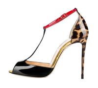 Gicoiz Damen Peep Toe T-Spange Stiletto Sandals Schnalle Sommer Mode High Sandalen Abend Abendschuhe Hochzeit Footwear Schwarz-Leopard Gr 40 EU-41Cn