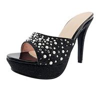 Gicoiz Damen Stiletto Mule Plateau Höhe Ferse Glitzer Sandalen Peep Toe Mode Party Peep Toe Sommer Hausschuhe Pantoffeln Pantoffeln Hochzeit Schwarz Gr 43 EU-45Cn