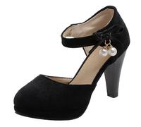 Gicoiz Damen Wildleder Höhe Ferse Runde Zehen Plateau Sandalen Bogen Lovely Mary Jane Knöchelriemchen Hochzeit Party Geschlossen Formal Schwarz Gr 43 EU-45Cn