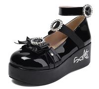 Gicoiz Gothic Mary Jane Damen Lack Bogen Pumps Keilabsatz Mitte Absatz Damen Schuluniform Knöchelriemchen Ballet Runde Zehen Plateau Schuhe Schwarz Gr 48 EU-50Cn