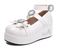 Gicoiz Gothic Mary Jane Damen Lack Bogen Pumps Keilabsatz Mitte Absatz Damen Schuluniform Knöchelriemchen Ballet Runde Zehen Plateau Schuhe Weiß Gr 38 EU-39Cn