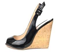 Gicoiz Keilabsatz Sandals Damen Plateau Offene Zeh Mode Heel Abend Slingback Elegant Schnalle Abendschuhe Lack Höhe Ferse Schwarz Gr 41 EU-43Cn