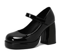Gicoiz Lack Mary Jane Chunky Block High Schuhe Damen Runde Zehen Schuhe Knöchelriemchen Lovely Lolita Ruffles Plateau Pumps Stylish Schwarz Gr 7-41