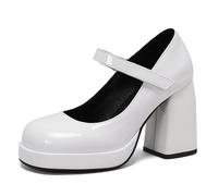 Gicoiz Lack Mary Jane Chunky Block High Schuhe Damen Runde Zehen Schuhe Knöchelriemchen Lovely Lolita Ruffles Plateau Pumps Stylish Weiß Gr 6-40