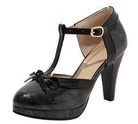Gicoiz Lack Mary Jane Damen Höhe Ferse T Bar Sandalen Bogentie Runde Zehen Sommer Lovely Plateau Hochzeit Schnalle Sandals Schwarz Gr 41 EU-43Cn