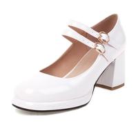 Gicoiz Mary Jane Damen Lack Block Schuhe Knöchelriemchen Pumps Bogen Komfort Plateau Runde Zehen Party Hochzeit High Schuhe Chunky Schuhe Weiß Gr 6-40