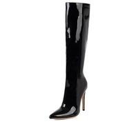 Gicoiz Mode Pointed Toe Stiletto Stiefel Damen Langschaft Abend Elegant Lack Winter Booty Zip Leopard Höhe Ferse Schwarz Gr 35 EU