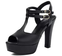 Gicoiz Plateau Höhe Ferse Damen T-Spange Peep Toe Sandals Hochzeit Glitzer Sommer Block Mode Schnalle Bride Blumen Schwarz Gr 41 EU-43Cn