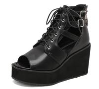 Gicoiz Plateau Keilabsatzs Damen Gladiator Sandals Peep Toe Leisure Höhe Ferse Schnüren Sommer Reißverschluss Komfort Gothic Schuhe Schwarz Gr 41 EU-43Cn