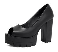 Gicoiz Runde Zehen Mode Chunky Heel Plateau Schuhe Damen Ohne Verschluss Peep Toe Formal Oxford Runde Zehen Klassische Bogen Loafer Schwarz-P Gr 40 EU-41Cn