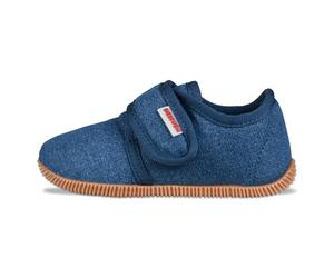 GIESSWEIN Hausschuh Senscheid - Unisex Kinderhausschuhe, leichte Baumwoll Slipper für Mädchen & Jungen, Pantoffeln mit Klettverschluss für Kinder, atmungsaktiv & rutschfest 28 EU Jeans
