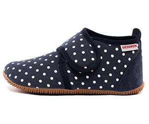 GIESSWEIN Hausschuh Stans - Slim Fit - Kinder Hausschuhe Unisex | Bequeme Baumwoll Slipper | Mädchen Pantoffeln mit Punkten | rutschfest,24 EU, Dunkelblau 548