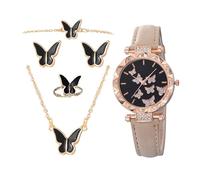 gifyym Damenuhren - 5-teiliges Set aus Edelstahl mit Ringen und Armband | Schmuck Zubehör | elegante minimalistische Mode | für Reisen, Verabredungen, Party, Abend, beige, Se référer au descriptif
