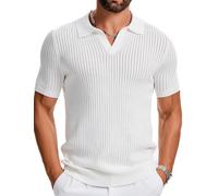 gigkik Herren-Poloshirt, gerippt, Hohlstrick-Poloshirt, kurzärmelig, Muskel-V-Ausschnitt, Golf-T-Shirts, Weiss/opulenter Garten, Mittel
