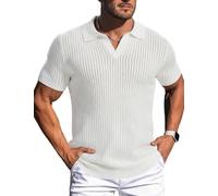 gigkik Herren-Poloshirt, gerippt, Hohlstrick-Poloshirt, kurzärmelig, Muskel-V-Ausschnitt, Golf-T-Shirts, Weiss/opulenter Garten, Klein