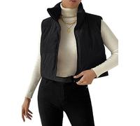 Gihuo Damen Cord-Puffer-Weste Cropped-Stehkragen Reißverschluss Weste Gesteppte Ärmellose Jacken Weste, Schwarz, M