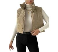 Gihuo Damen Cord-Puffer-Weste Cropped-Stehkragen Reißverschluss Weste Gesteppte Ärmellose Jacken Weste, Khaki, M