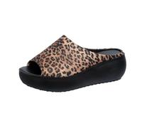 Gikleihwy Frauen Fischmaul Plattform Pantoffeln Sommer Damen Pantoffeln Runde Zehe Offene Zehe Pantoletten Sandalen Bequem Orthopädisch Anti-Rutsch Strand Flach Schuhe(Brown Leopard Print,39 EU)