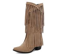 GiledGrace Damen Chic Franse Cowboy Stiefel Square Toe Schlupf Kniehoch Stiefel Chunky Blockabsatz Cowgirl Boot Beige Große 44