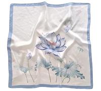 GIMIRO Frauen 70x70cm Schal Simulierte Seide Blumen Schal Krawatte Hahnentritt-Bandana (White Light Blue Flower FJ936-2)