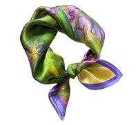 GIMIRO Schal aus imitierter Seide [53 x 53cm] Quadratische Schals Impressionismus-Muster Vintage-Schal für Büroarbeit oder lässigen Bund (83# AF01 Green/Violet Flower)