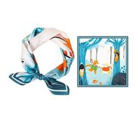 GIMIRO Schal aus imitierter Seide [53 x 53cm] Quadratische Schals Seidenschal Damen Marineblau-Mint mit Geometrischem Muster und Orangefarbenen Akzenten Modern (Green-Forest Party)