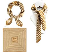 GIMIRO Schal aus imitierter Seide [53 x 53cm] Quadratische Schals Seidenschal Karamel-Weiß Geometrisches Streifenmuster Love Design (White and Brown Stripes)