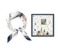 GIMIRO Schal aus imitierter Seide [53 x 53cm] Quadratische Schals Seidenschal Marineblau-Beige-Gelb Kaktus-Muster Modernes Design (White - Green Plants)