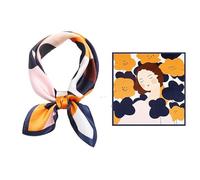 GIMIRO Schal aus imitierter Seide [53 x 53cm] Quadratische Schals Seidenschal Marineblau-Gelb-Beige Paisley-Muster Elegantes Accessoire (Navy and Yellow Flowers around Lady)