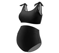 GINKANA Schwangerschafts-Bikini-Set, zweiteilig, Schwangerschafts-Badeanzug, Schultergurte, hohe Taille, Bademode, Schwarz, Large