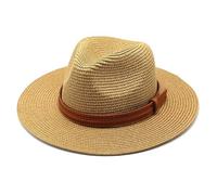 Ginwrek Gewebter Strohhut mit Flacher Krempe und Lederdekor Panama-Sommerhut für Damen und Herren Khaki Einheitsgröße