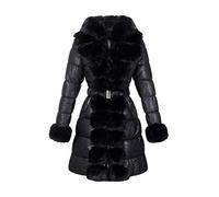 Giolshon Damen Puffer Mantel Kunstpelz Lange gesteppte Winter Kapuzenjacke mit Gürtel 12105 Schwarz M