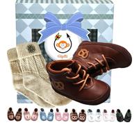 Gipfli Set: Babyschuhe Braun Gr. 20/21 mit Brezel Motiv & Trachtensocken Beige