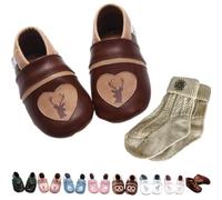 Gipfli Set: Krabbelschuhe Braun Gr. 18/19 mit Hirsch Herz & Trachtensocken Beige