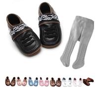 Gipfli Set: Krabbelschuhe Schwarz mit Weißer Stickerei und hellgrauer Trachtenstrumpfhose Gr. 18/19