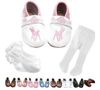 Gipfli Set: Weiße Krabbelschuhe mit Rosa Rehkitz Bambi Stickerei und Weißer Strumpfhosen mit Zopfmuster Gr. 18/19 für Mädchen passend zum Baby Dirndl.