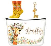 Giraffen Geschenke Set, Giraffe Schlüsselanhänger, 3-teilig | Giraffen Geschenke Set, Giraffe Schlüsselanhänger, Kosmetiktasche aus Polyester-Baumwolle, Socken, 3-teilig