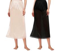 Girstunm Pack of 2 Halbe Slips für Frauen Langer Unterrock Antistatische Spitze Bottoming Rock Slips für Unterkleider 69cm Schwarz und Beige X-Large