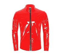 GITDOT Herren Sexy Jacke PVC Spiegel glänzende Lacklederjacke mit langen Ärmeln Bar Night Club Clubwear (2XL,Rot)
