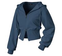 GIVON Damen Cropped-Kapuzenpullover mit Reißverschluss, Zwei-Wege-Baumwollmischung, lässig, langärmelig, breiter gerippter Saum, Kapuzen-Sweatshirts, Indigo/Mandala-Traum, L