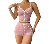 GIVTULIP Damen Nachtwäsche 2 Teiliges Pyjama Set Oberteile und Shorts Sexy Kurz Schlafanzug V-Ausschnitt Zweiteiliger Pjs Sets Camisole Top Shorts Ärmellos Dessous Elegante Negligee Curvy Lingerie